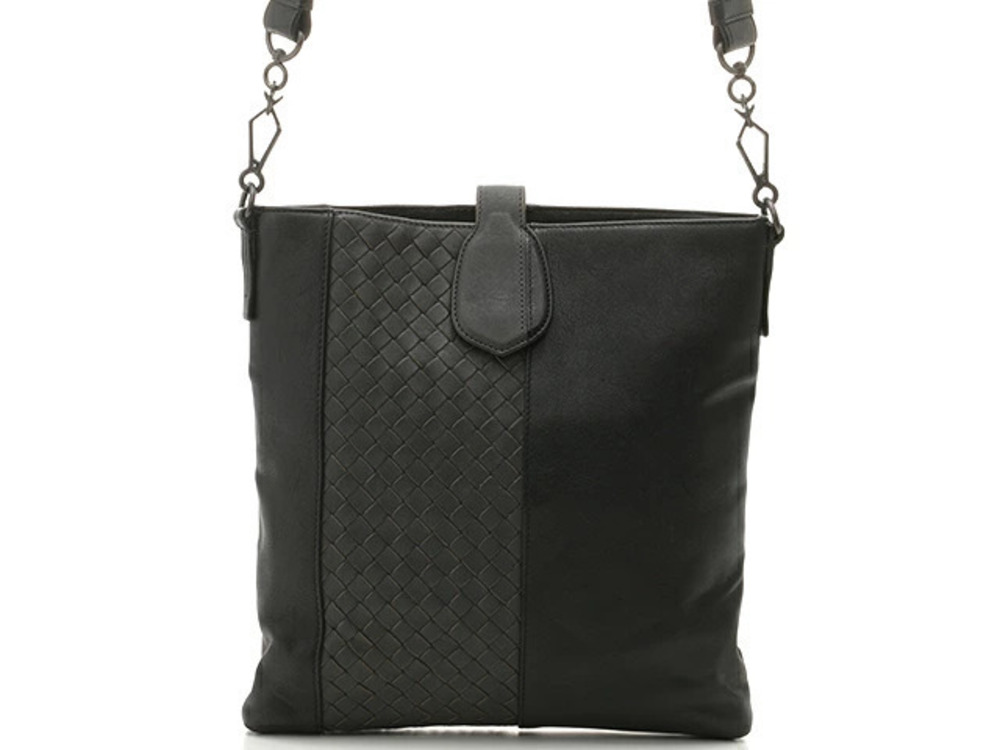 BOTTEGA VENETA Intrecciato Shoulder Bag Black Gray Calfskin